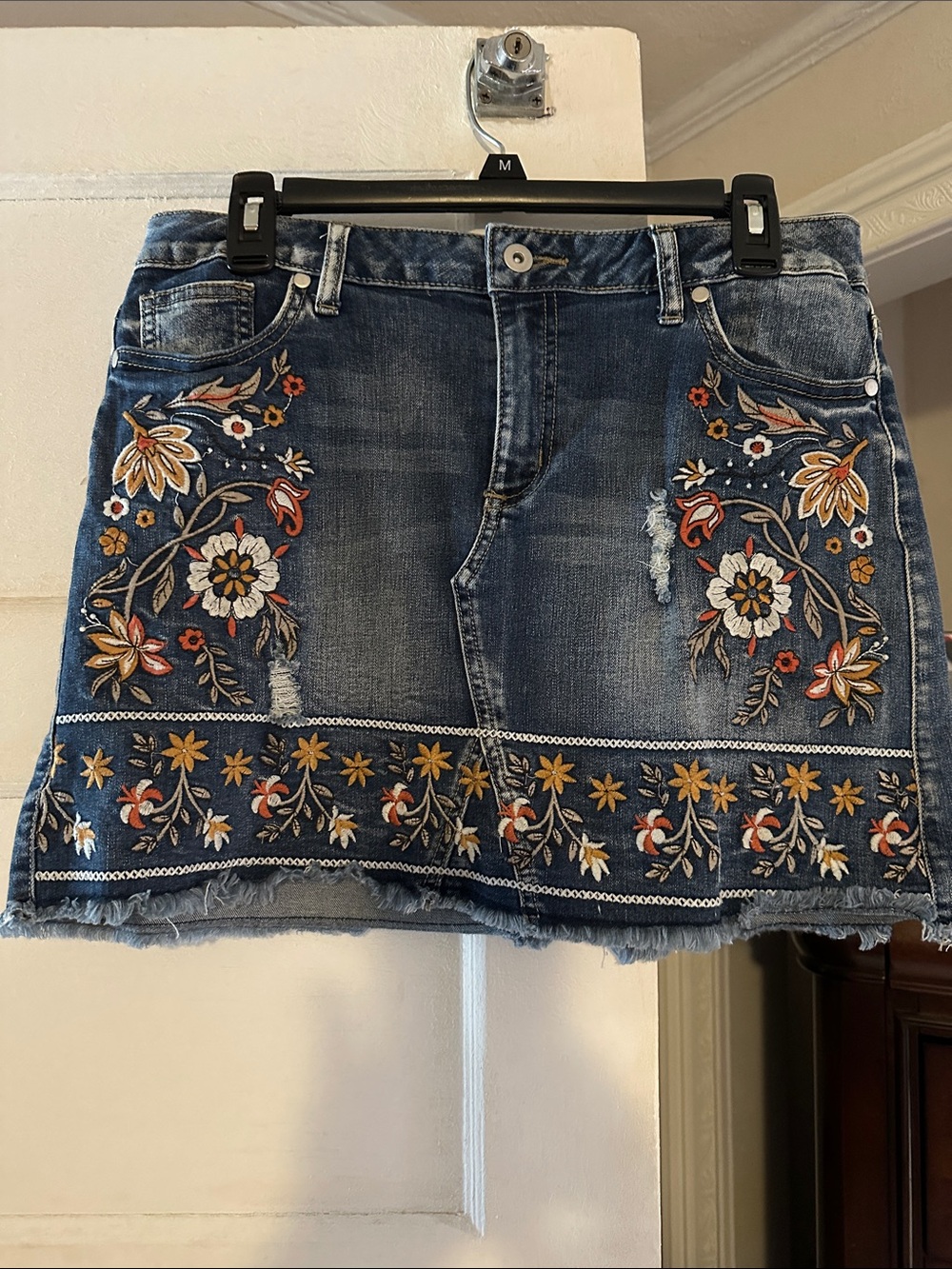 Embroidered Floral Dark Blue Denim Mini Skirt - Picture 1 of 3